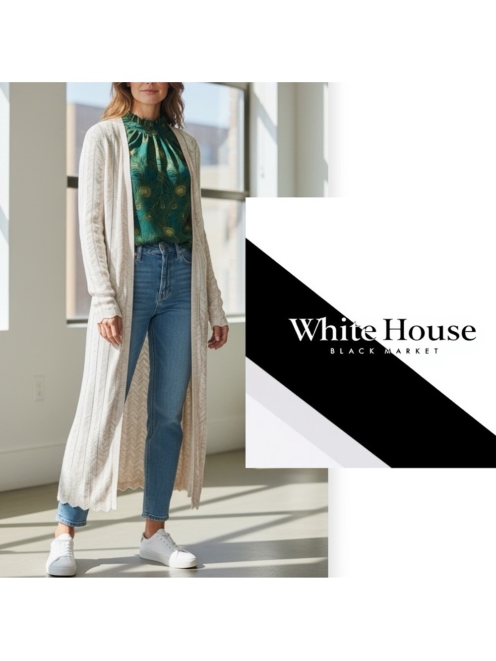 WHITE HOUSE BLACK MARKET Chevron Pointelle Beige Open Front Long Cardigan Size S